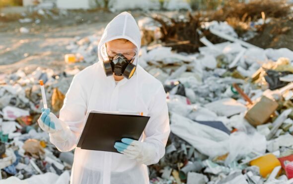 Researcher looking at plastic landfill analyzing environmental p